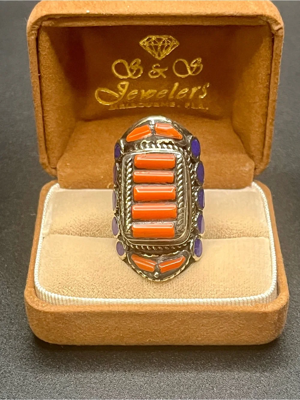 Southwestern Style Orange blue Inlay Statement Ring. Unmarked, not tested